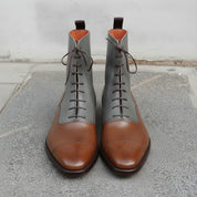 Men's Brown and Grey Plain-Toe Leather Ankle Boots — Challow