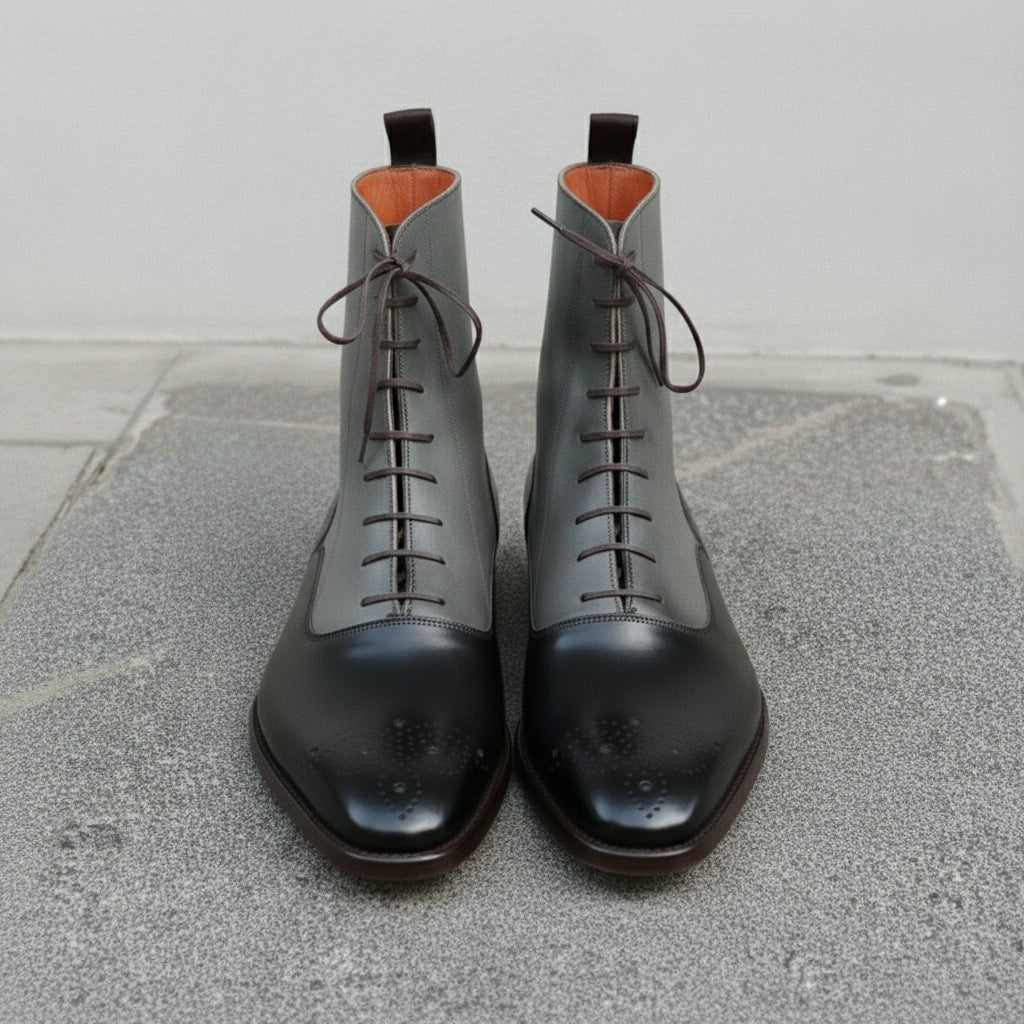 Men's Black and Grey Plain-Toe Leather Ankle Boots — Challow