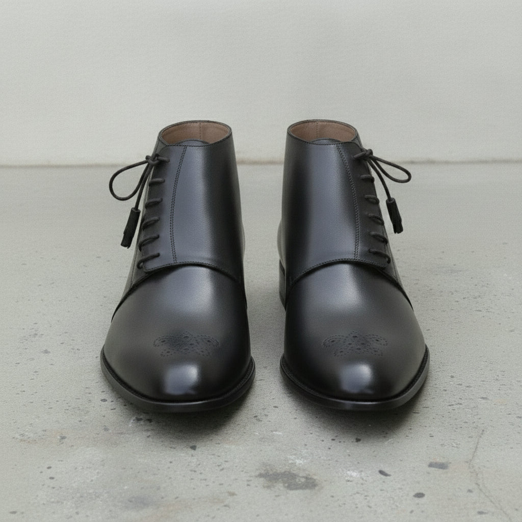 Men's Black Medallion-Toe Leather Side-Lace Boots — Oldham