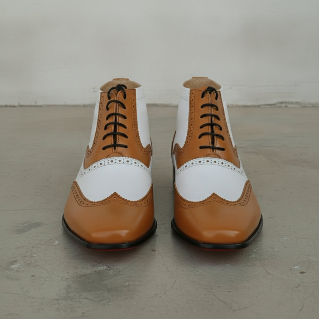 Men's Tan and White Wingtip Spectator Leather Ankle Boots — Donne