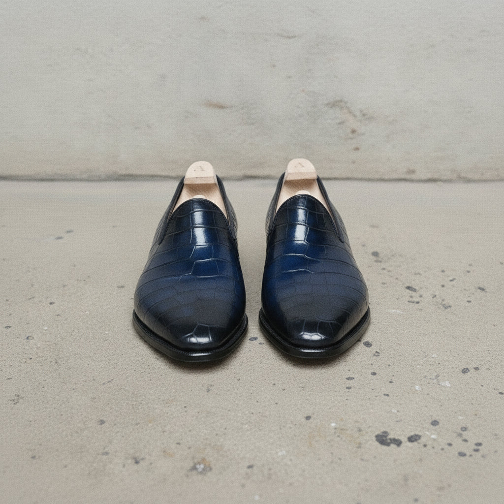 Men's Deep Burnished Navy Blue Alligator-Embossed Leather Venetian Loafers — Abbotsley