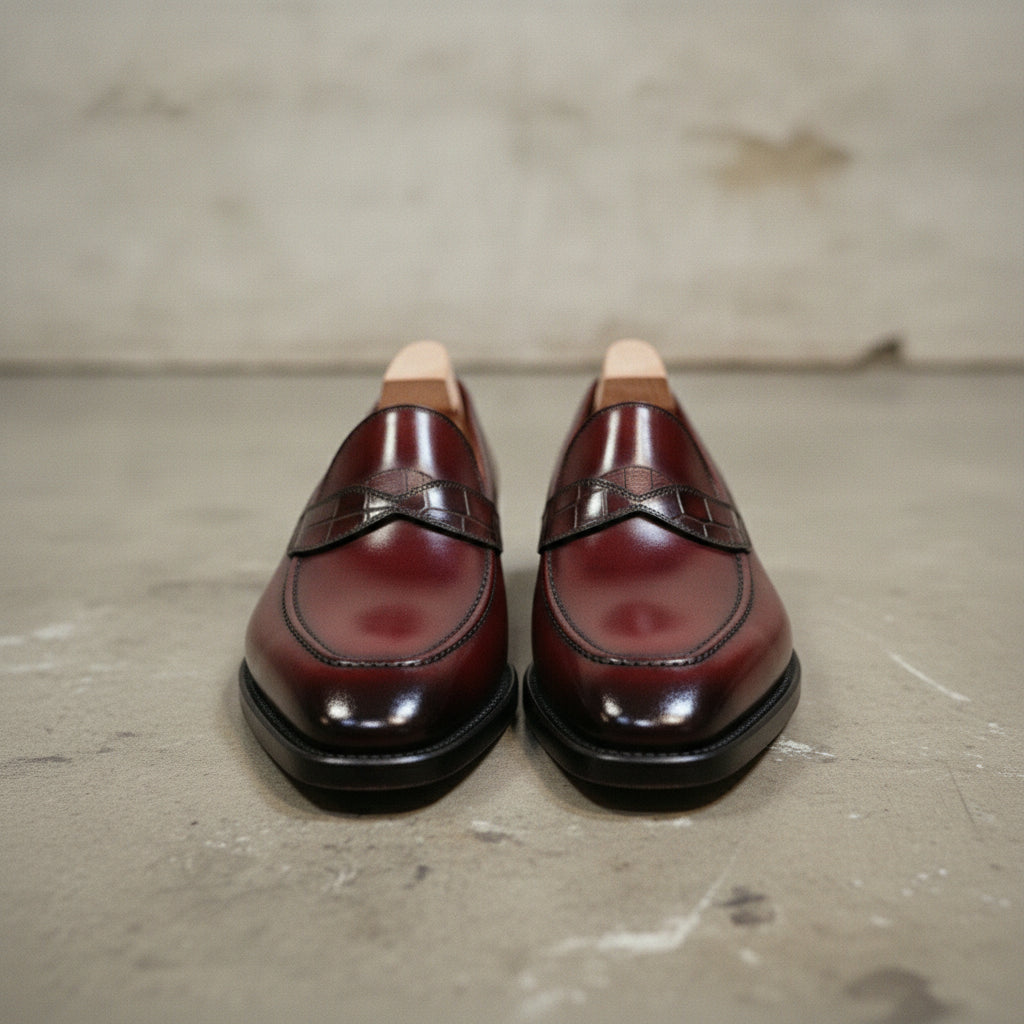 Men's Burgundy Moc-Toe Crocodile-Embossed Leather Penny Loafers — Abberforth