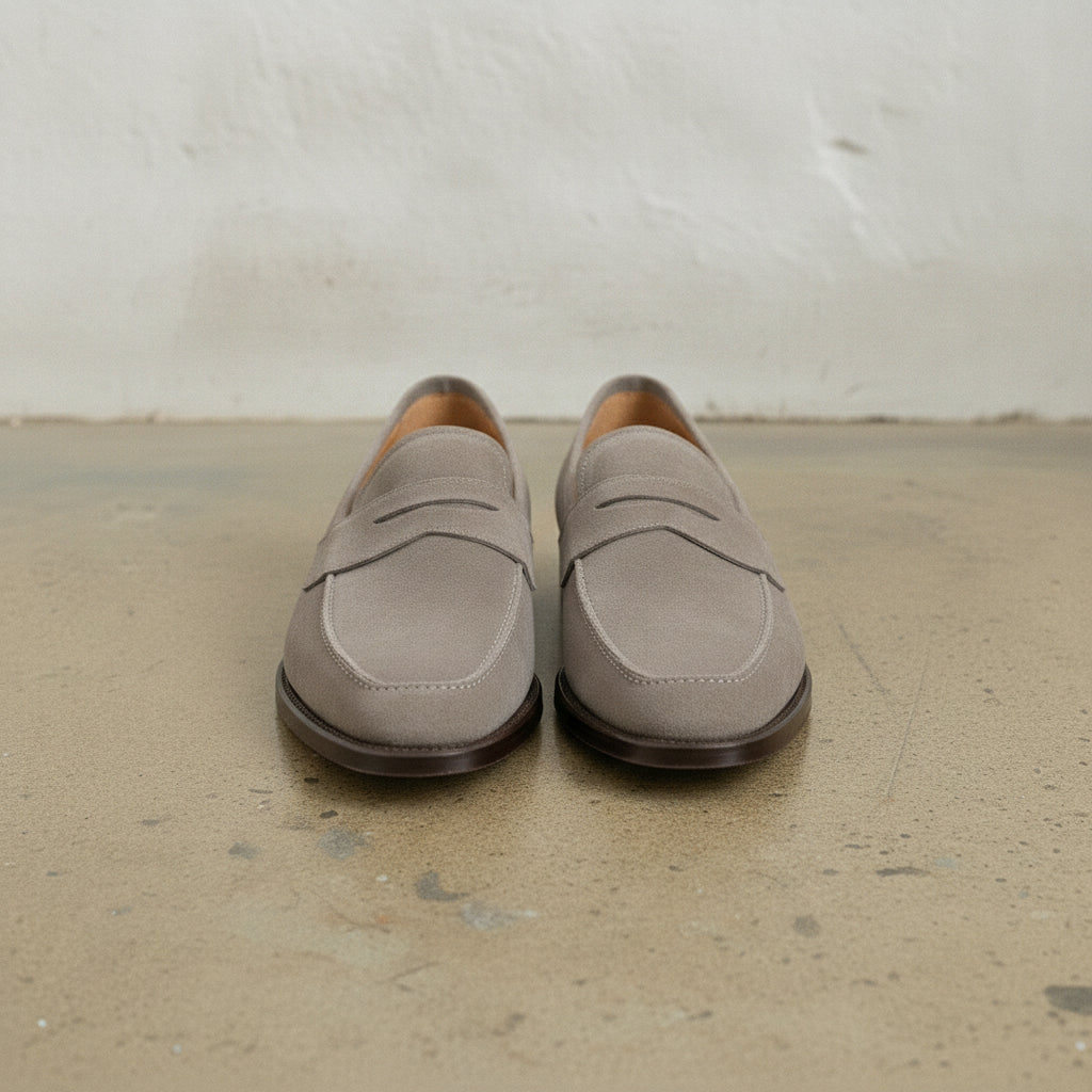 Men's Light Gray Apron-Toe Suede Penny Loafers — Marsden