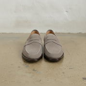 Men's Light Gray Apron-Toe Suede Penny Loafers — Marsden