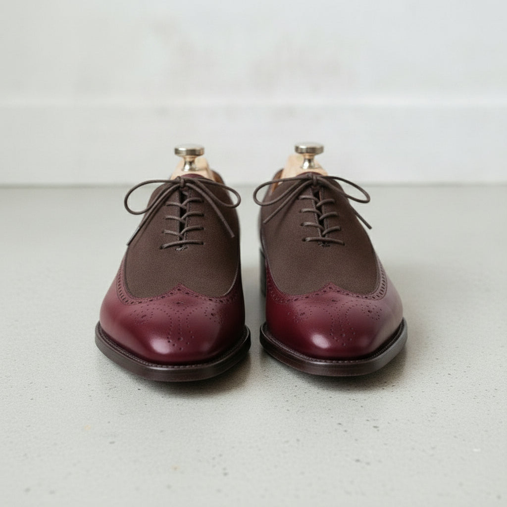 Men's Burgundy and Cognac Wingtip Leather Spectator Oxfords — Stephenson