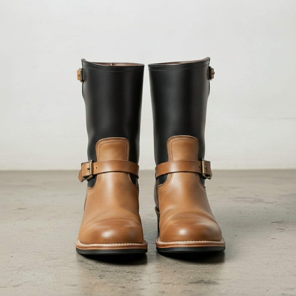Men's Tan and Brown Plain-Toe Leather Biker Boots