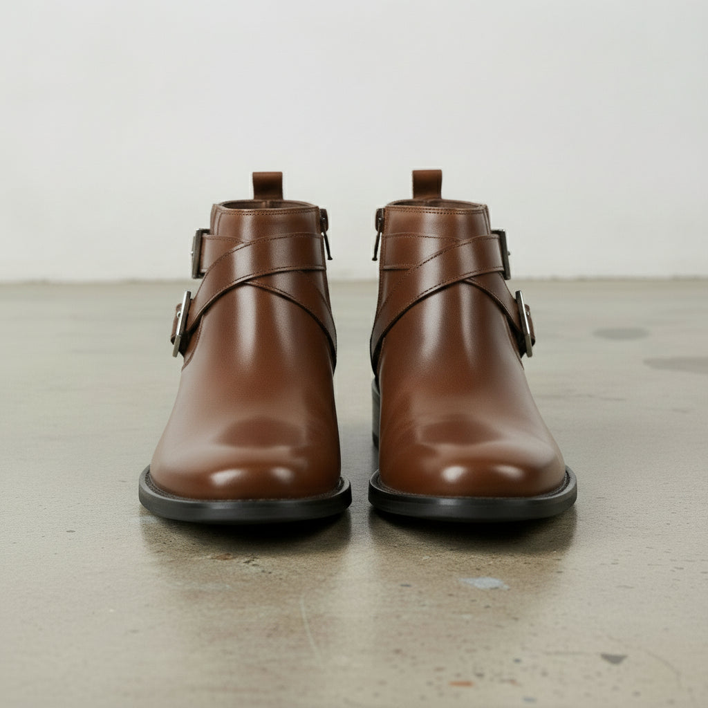 Men's Brown Plain-Toe Leather Biker Boots