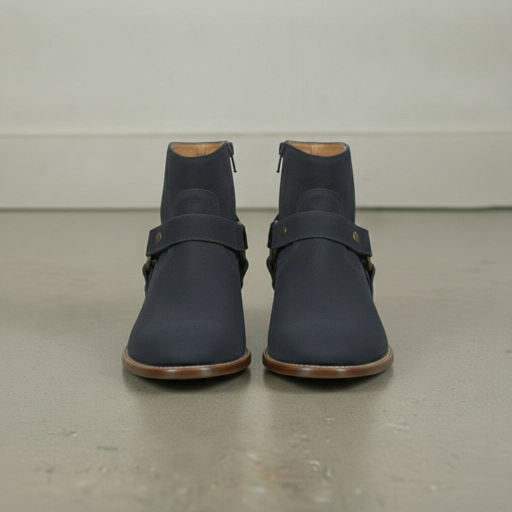 Men's Navy Blue Plain-Toe Suede Harness Boots — Dalton