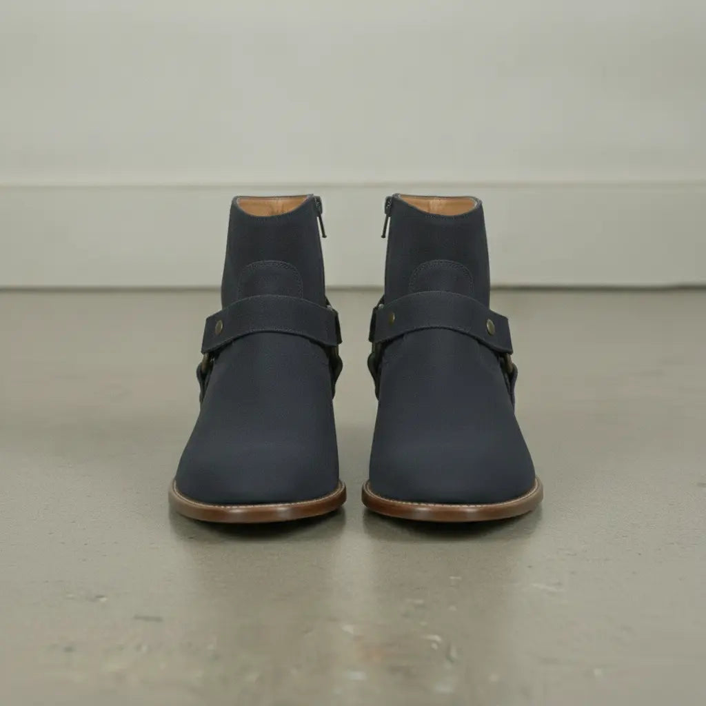 Men's Navy Blue Plain-Toe Suede Harness Boots — Dalton