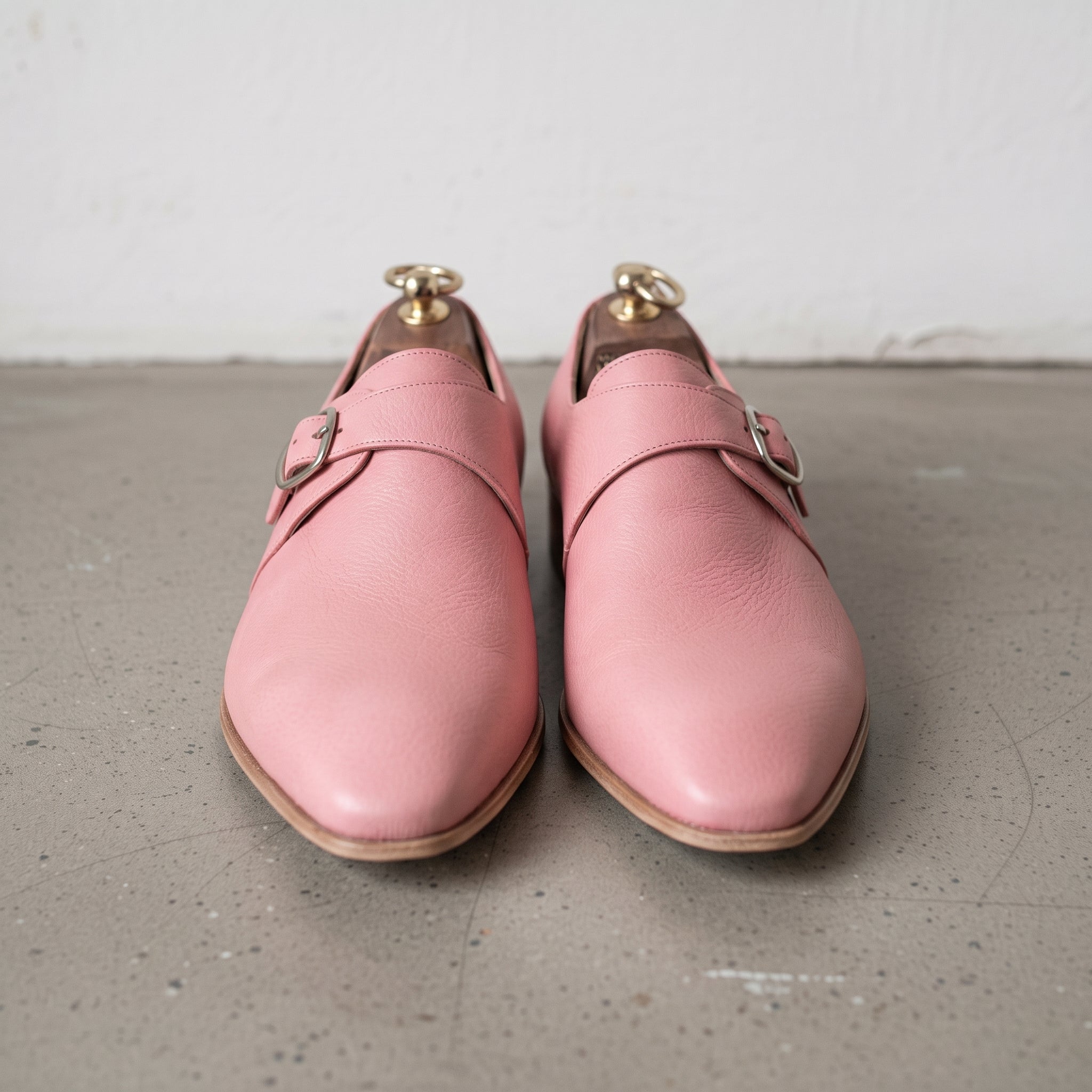 Men's Rose Pink Plain-Toe Leather Monk Strap Shoes — Attley