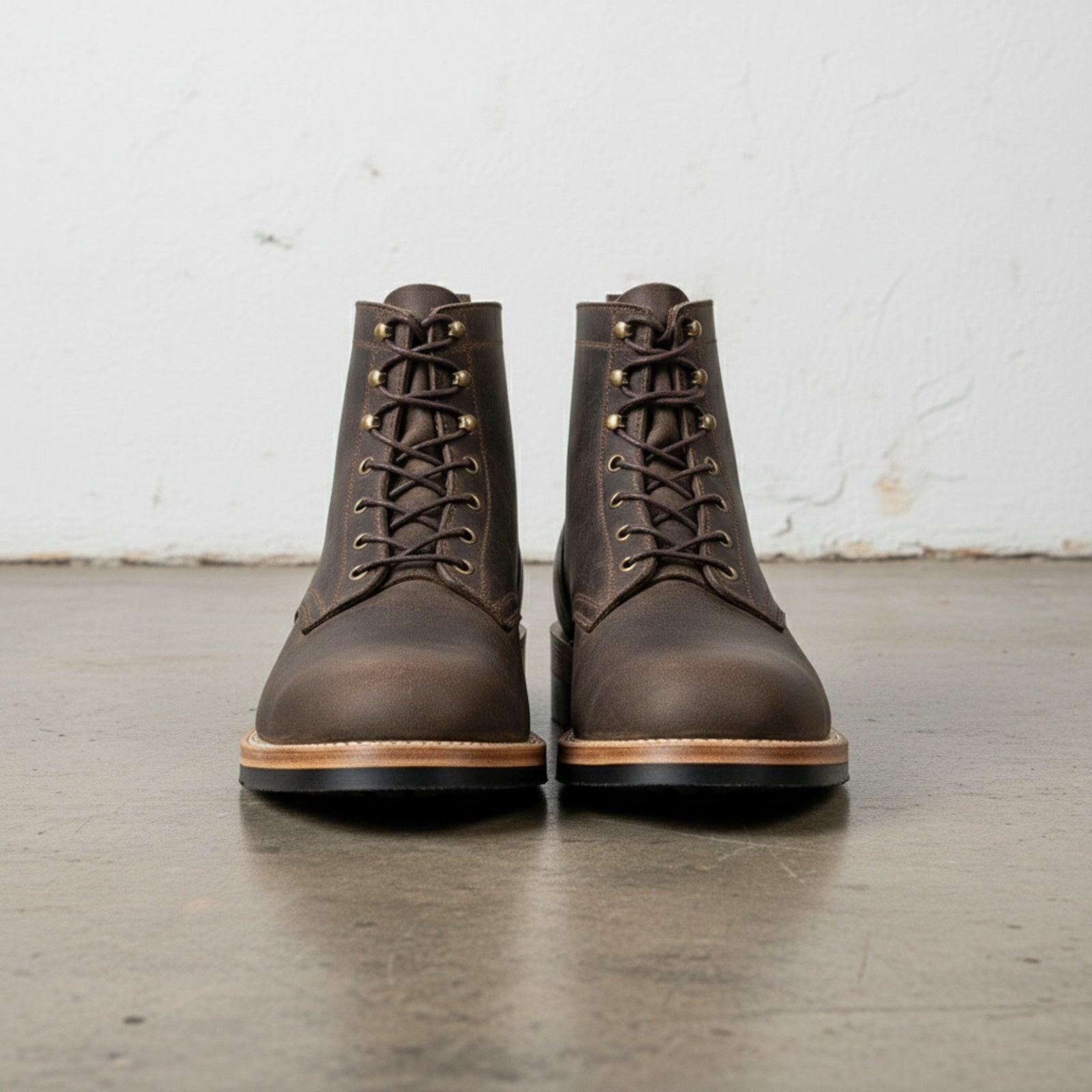 front-view - Men's Combat Boots, Dark Brown Leather Boots, Goodyear Welt Combat Boots