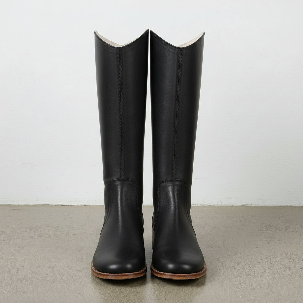 front-view - Women's Handmade Black Knee-High Leather Classic Riding Boots