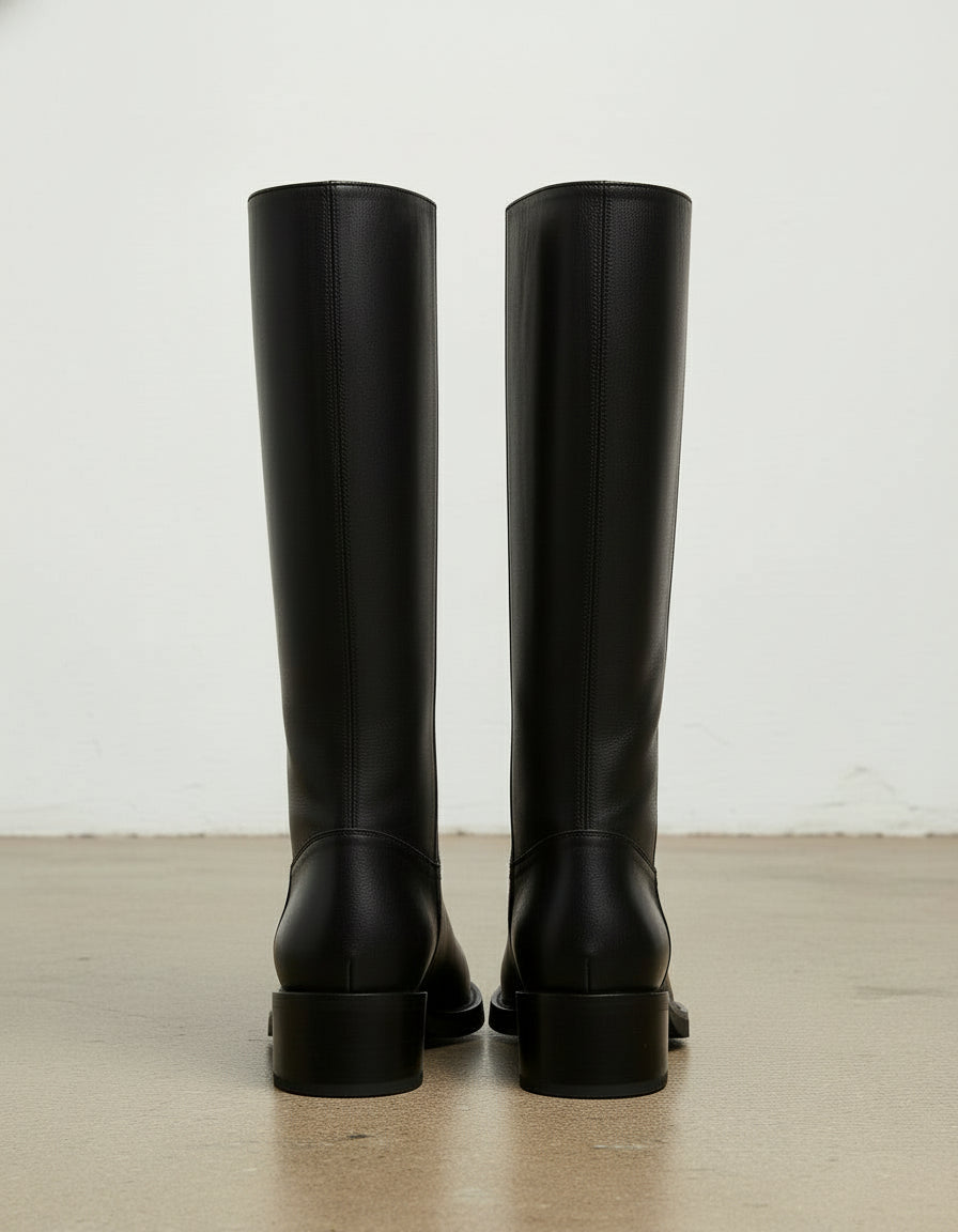 front-view - Women's Handmade Black Knee-High Riding Leather Boots