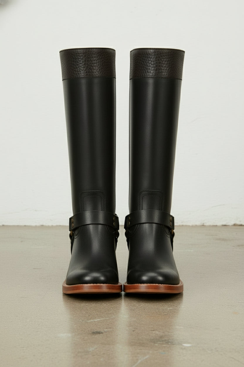 front-view - Women's Handmade Black Leather Classic Riding Boots
