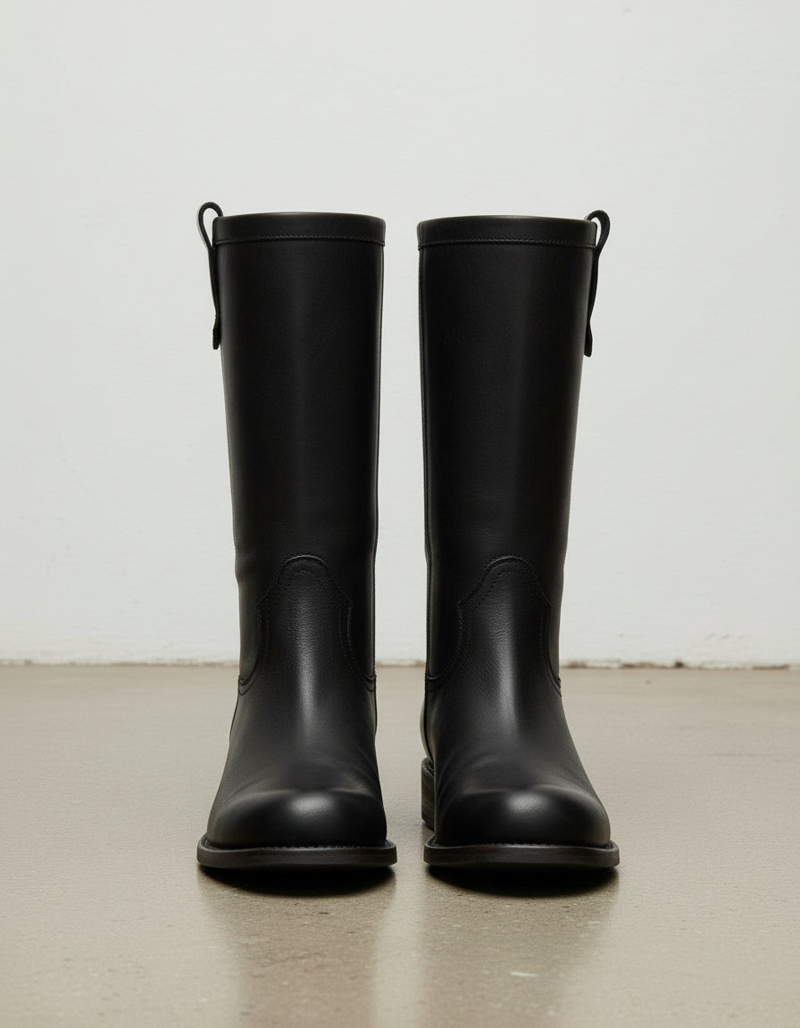 front-view - Women's Handmade Black Leather Flat Western Boots