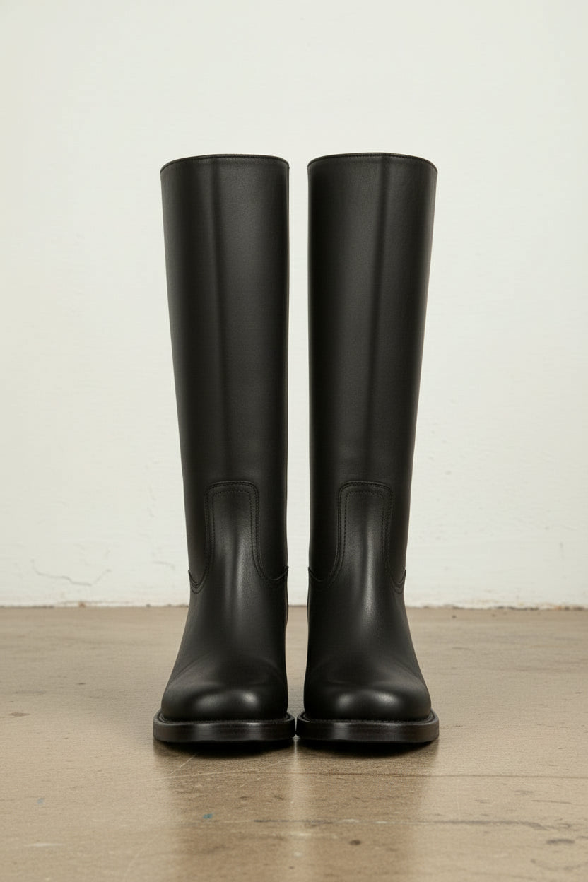 front-view - Women's Handmade Black Leather Knee-High Riding Boots