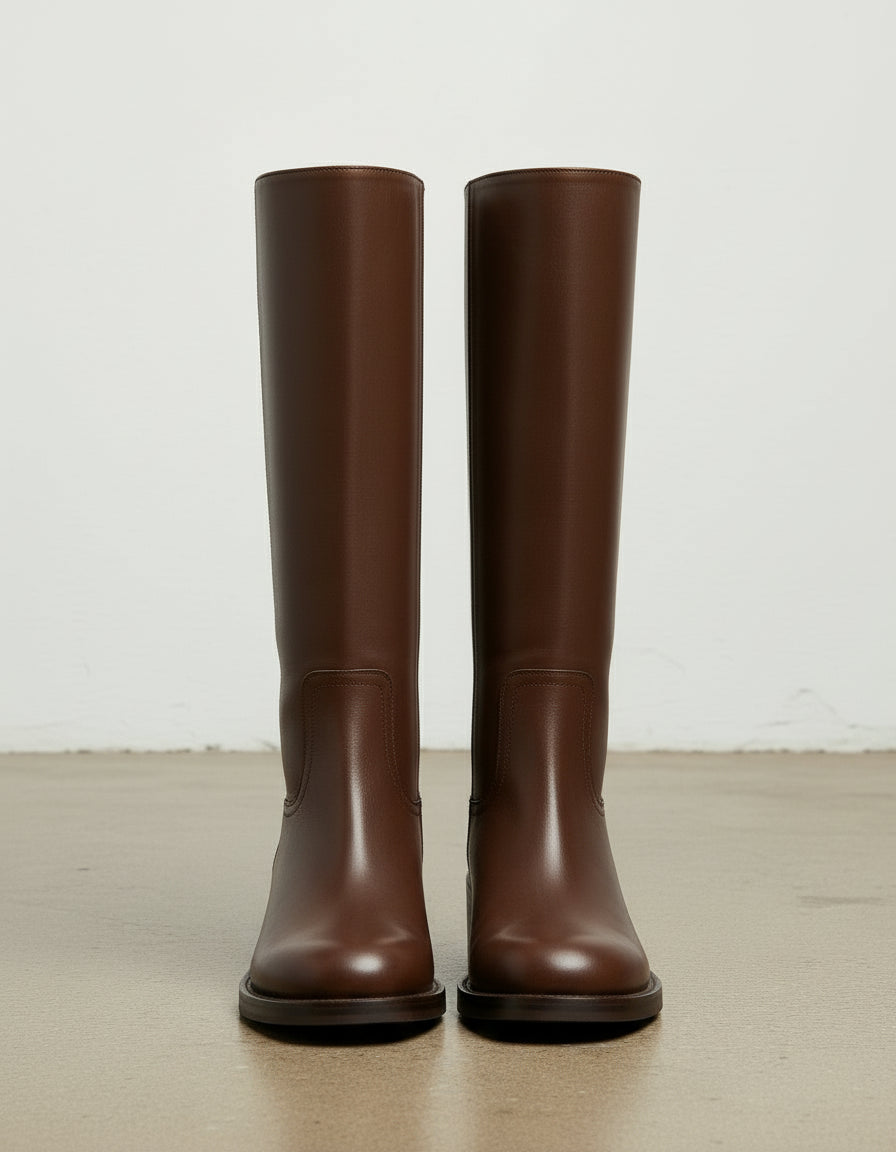 front-view - Women's Handmade Brown Knee-High Leather Riding Boots