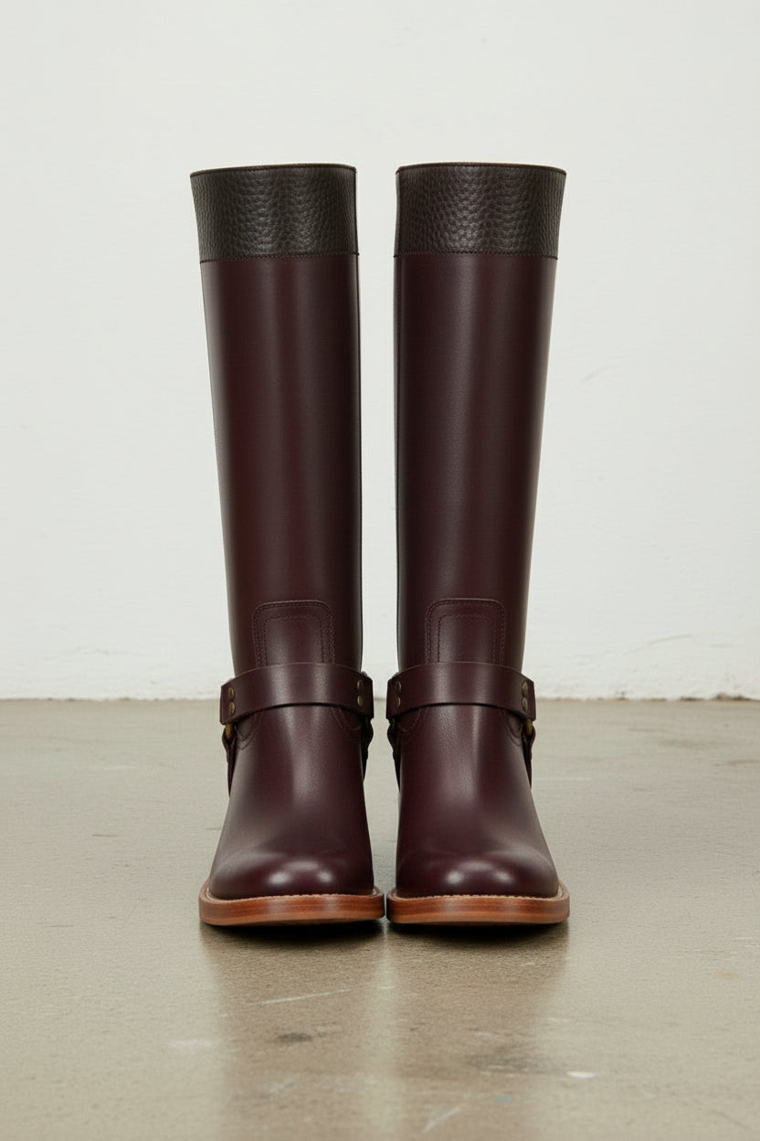 front-view - Women's Handmade Burgundy Knee-High Leather Riding Boots