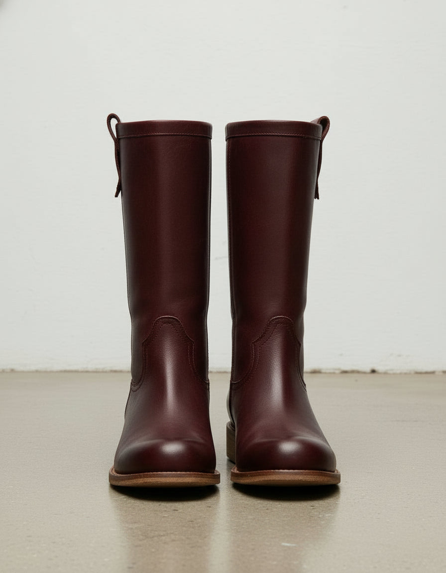 front-view - Women's Handmade Burgundy Leather Roper Mid-Calf Boots