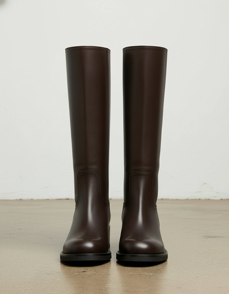 front-view - Women's Handmade Chocolate Knee-High Leather Chelsea Boots