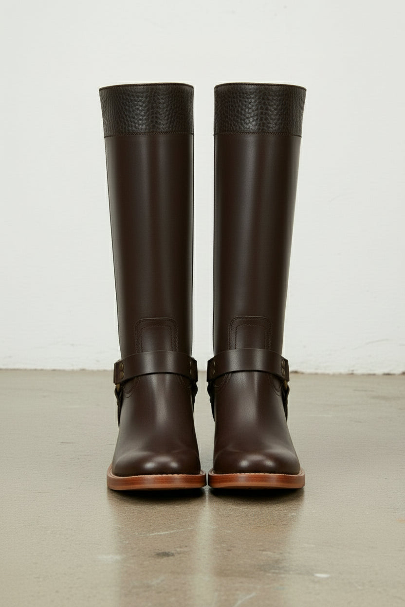 front-view - Women's Handmade Chocolate Knee-High Riding Leather Boots