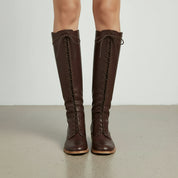 front-view - Women's Handmade Chocolate Laced Knee-High Leather Boots