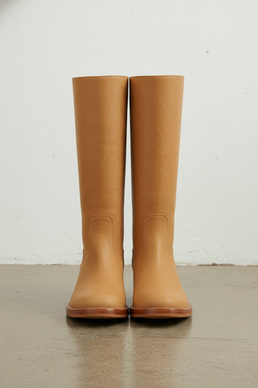 front-view - Women's Handmade Cognac Brown Knee-High Leather Classic Riding Boots