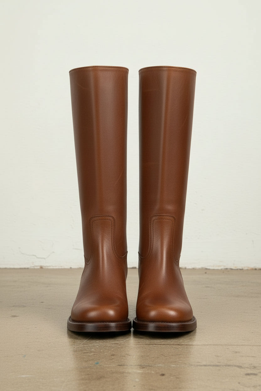 front-view - Women's Handmade Cognac Brown Knee-High Leather Riding Boots