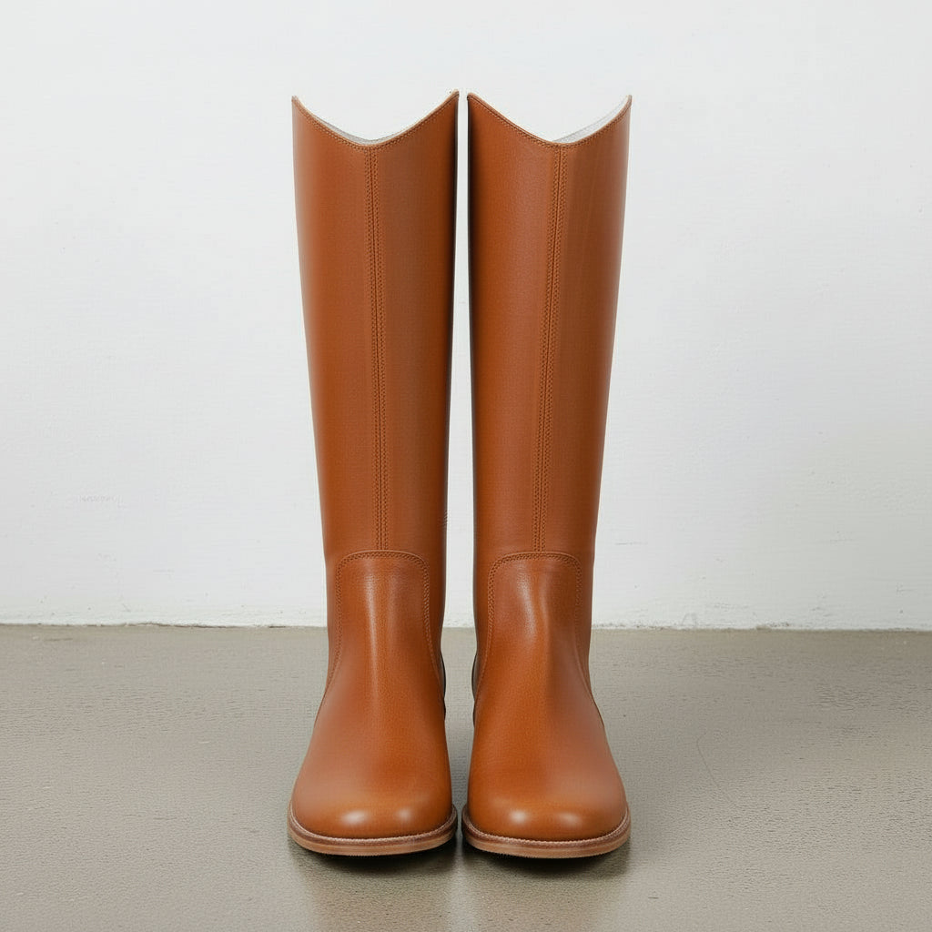 front-view - Women's Handmade Cognac Brown Leather Knee-High Riding Boots