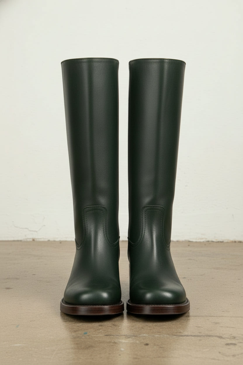front-view - Women's Handmade Dark Green Knee-High Leather Riding Boots