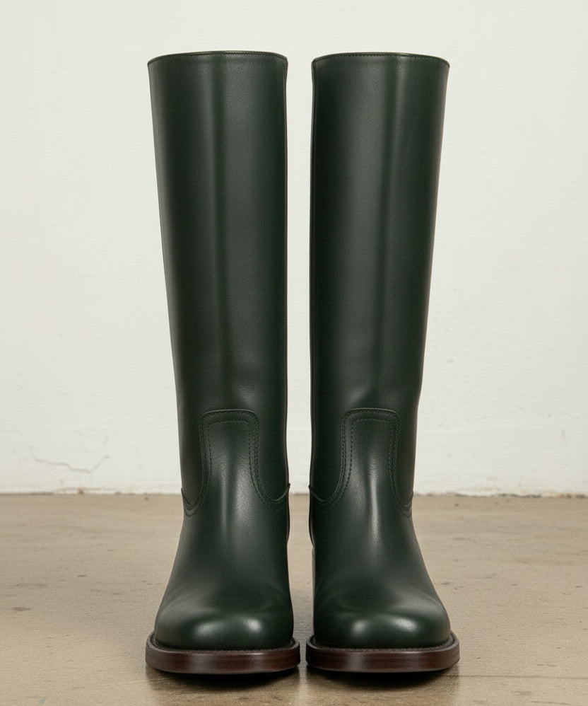 front-view - Women's Handmade Dark Green Knee-High Leather Riding Boots