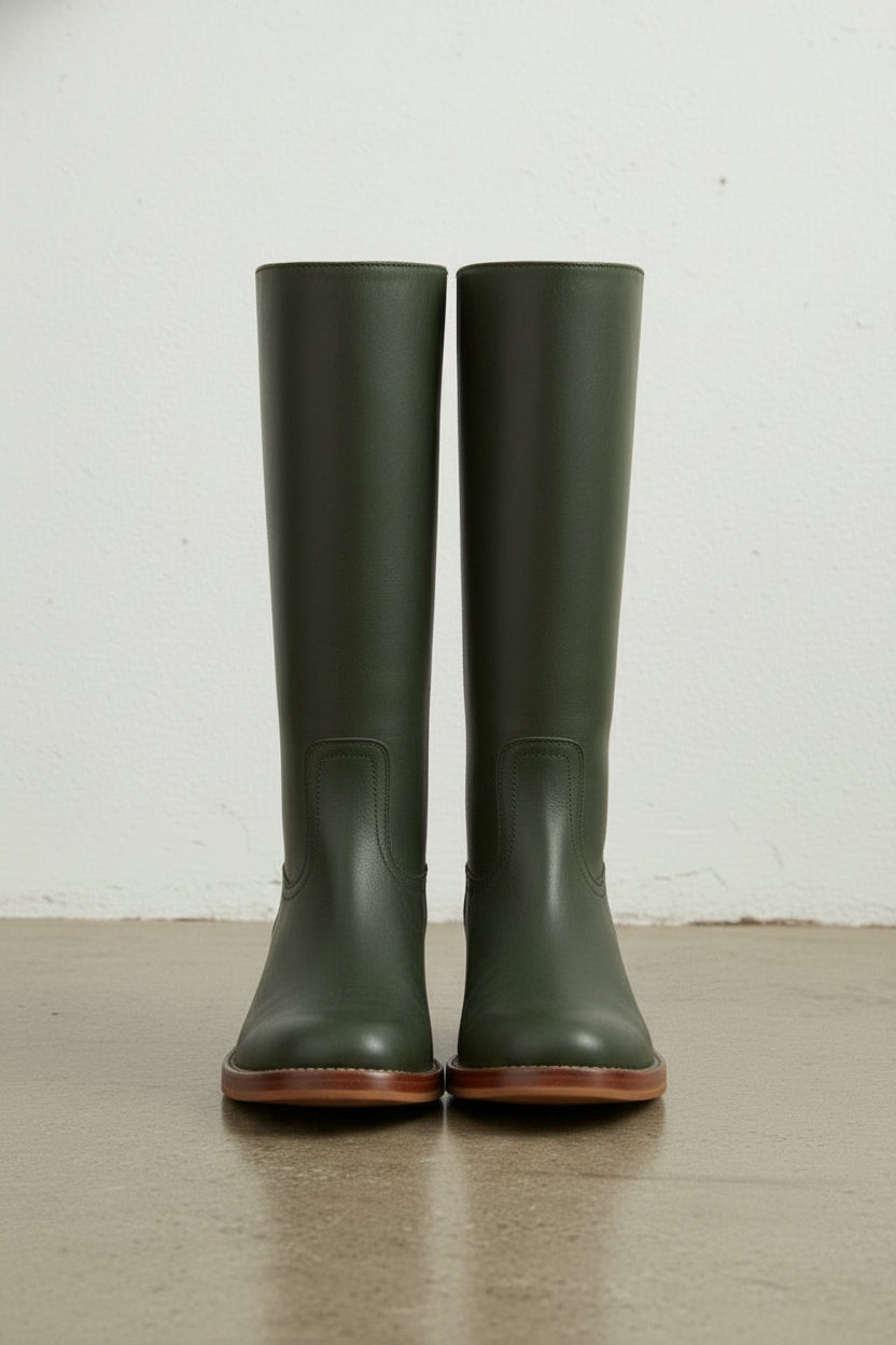 front-view - Women's Handmade Dark Green Knee-High Riding Leather Boots