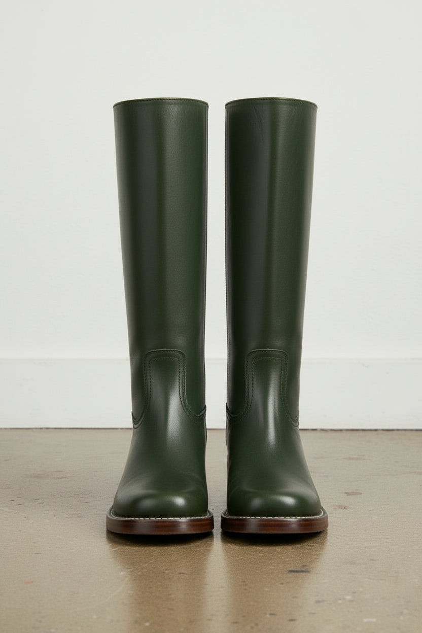 front-view - Women's Handmade Dark Green Leather Classic Riding Boots