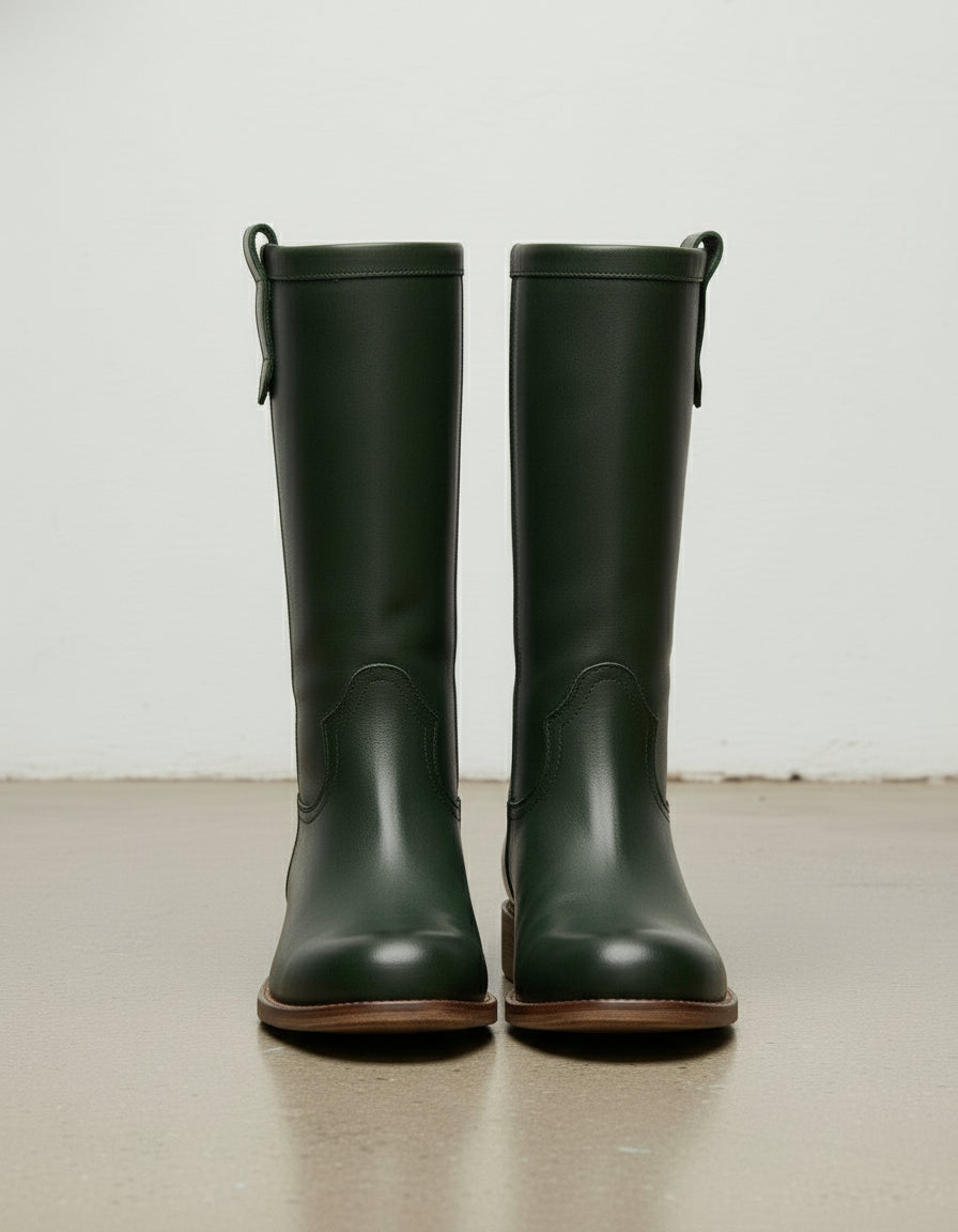 front-view - Women's Handmade Dark Green Leather Classic Riding Boots