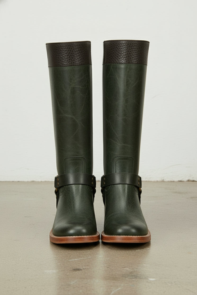 front-view - Women's Handmade Dark Green Leather Classic Riding Boots