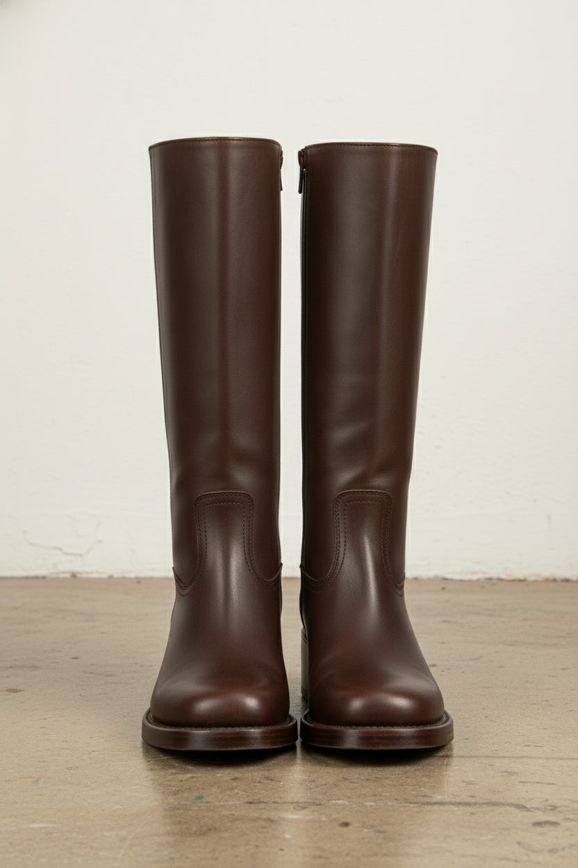 front-view - Women's Handmade Leather Knee-High Boots, Brown Handmade Leather Knee-High Boots
