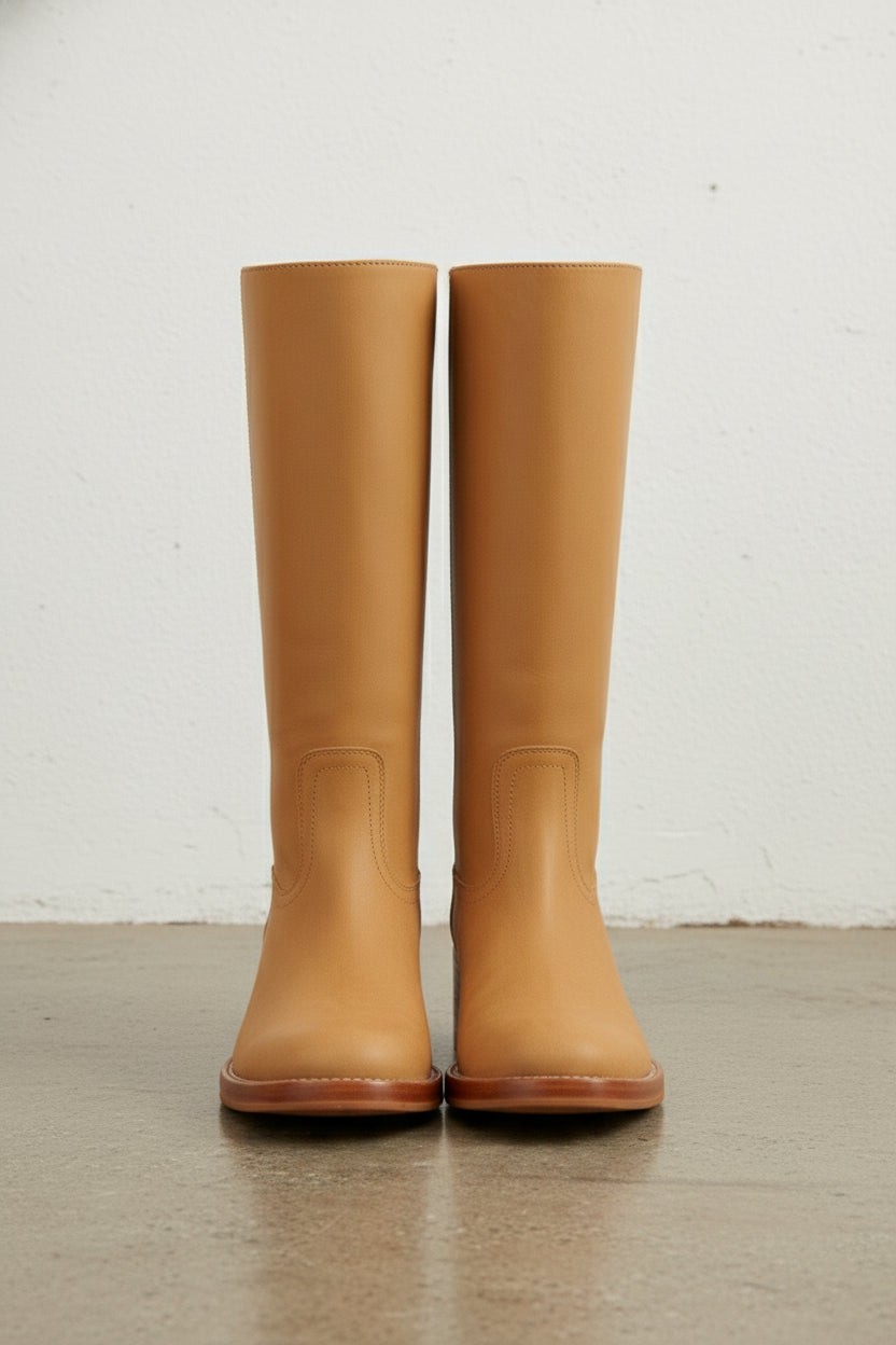 front-view - Women's Handmade Leather Knee-High Boots, Pull-On Riding Boot, Buttery Soft Leather Boot