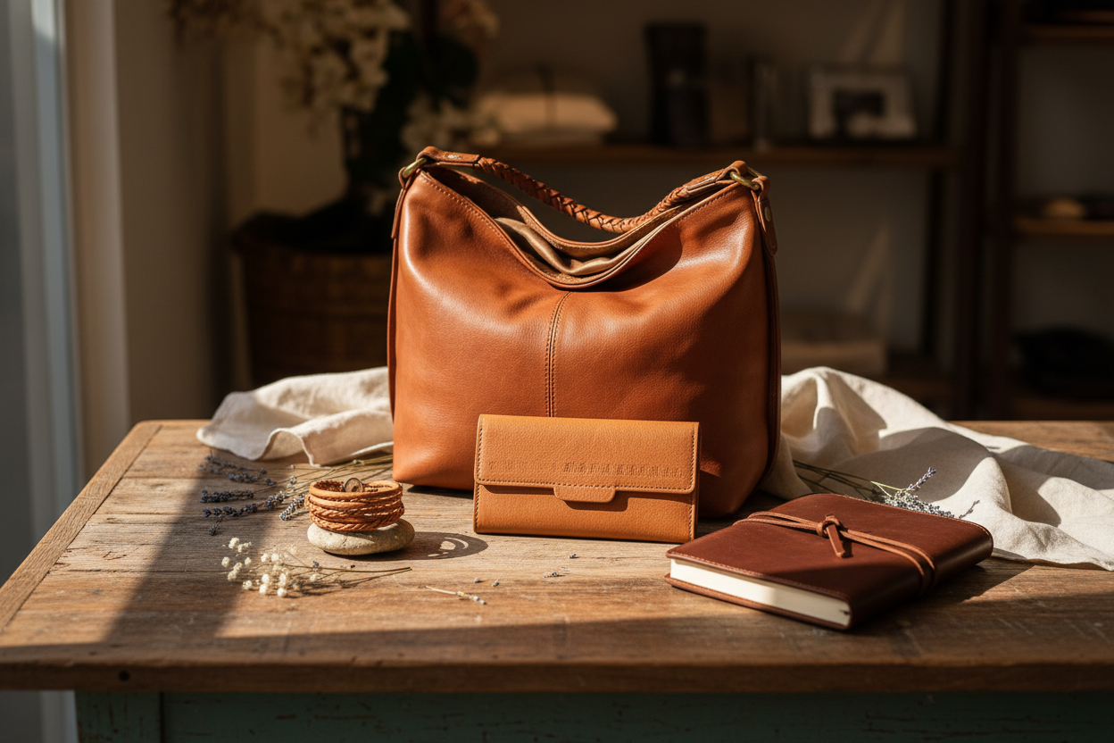 generate a gifts for her on rustic table showing a leather gift for woman like leather accessories