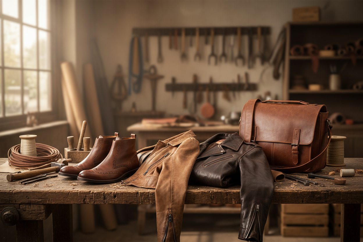 Generate a landscape hero banner showing rustic image of mens ankle boots, women and mens lather jacket, tote leather bag and messenger bag on a table.. showing artisanal view and have a realistic view that is not over polished