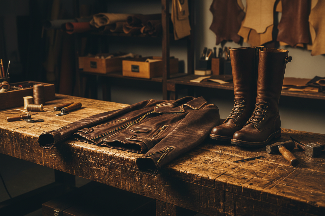 generate-a-leather-jacket-and-shoes-on-top-of-an-artisan-table-in-workship-with-a-rustic-look.png