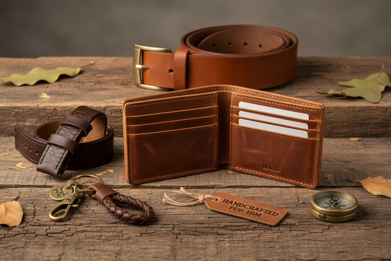 generate a rustic accessories leather showing gifts for him -- something to be gifted to a man -- do not haev overly text on the banner