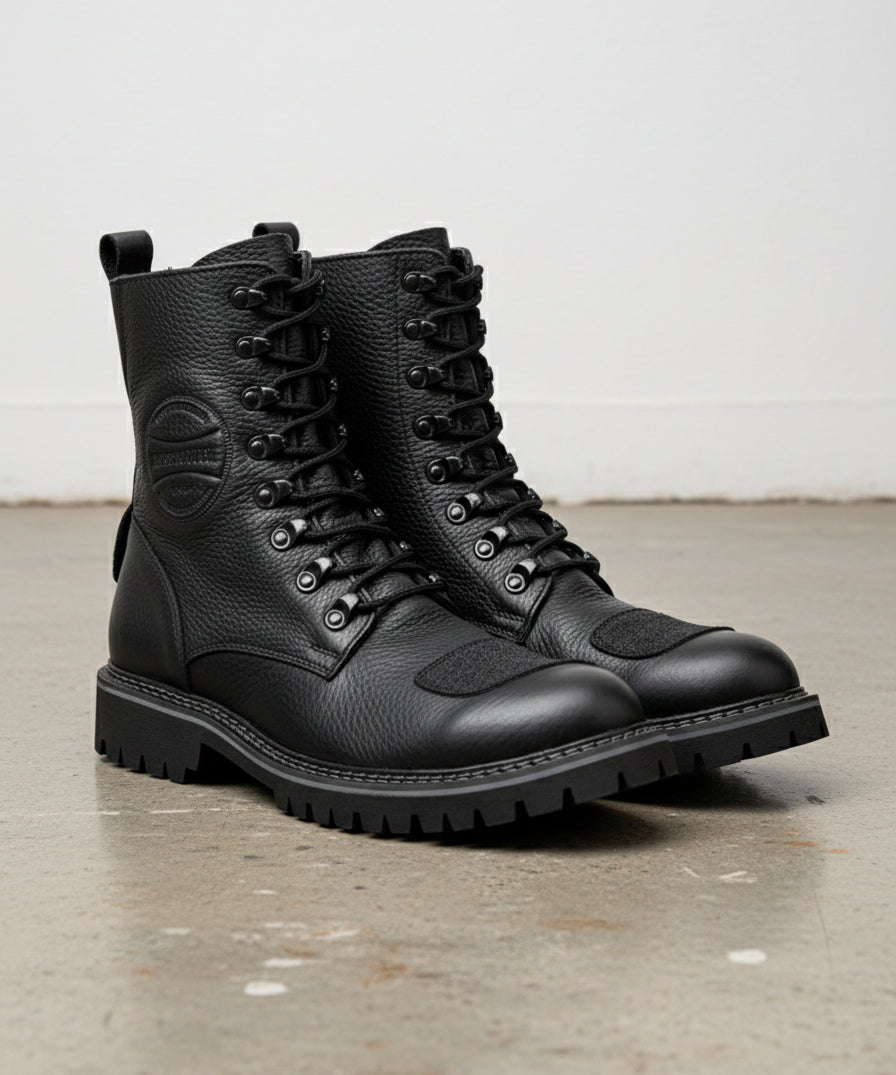 Genuine Calf Leather Men's Biker Boots - Extra Protection Toe Boots - angle-view-showing-depth