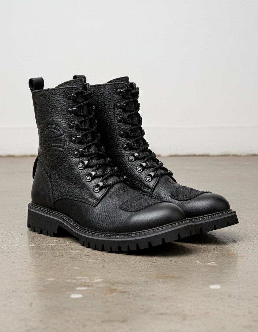 Genuine Calf Leather Men's Biker Boots - Extra Protection Toe Boots - angle-view-showing-depth