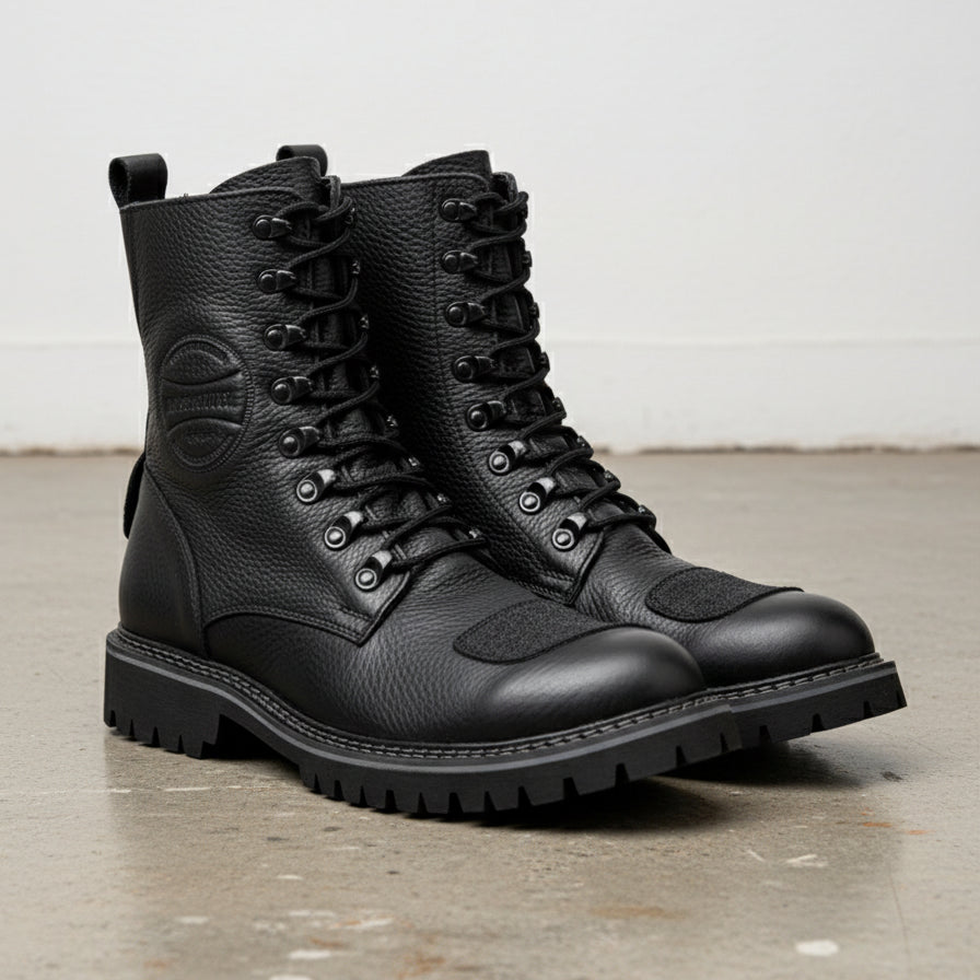 Genuine Calf Leather Men's Biker Boots - Extra Protection Toe Boots - angle-view-showing-depth