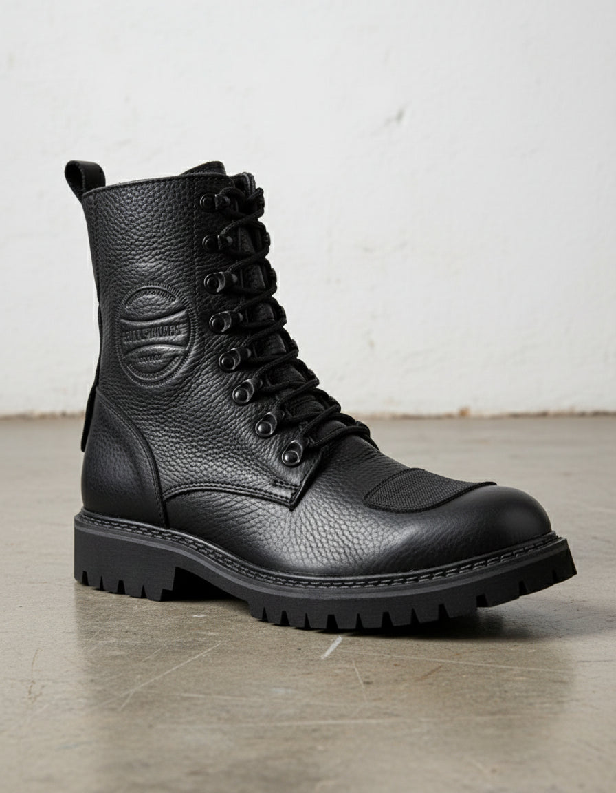 Genuine Calf Leather Men's Biker Boots - Extra Protection Toe Boots - detail-view-showing-texture