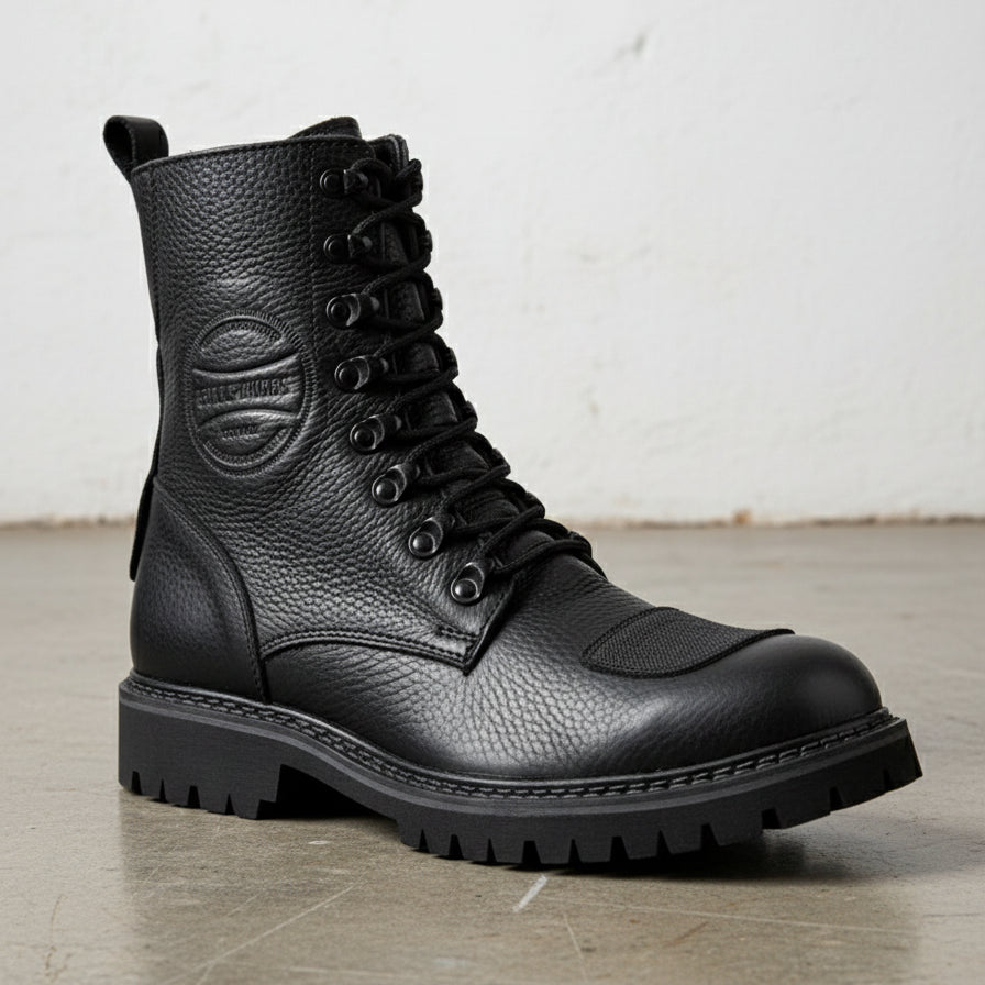 Genuine Calf Leather Men's Biker Boots - Extra Protection Toe Boots - detail-view-showing-texture