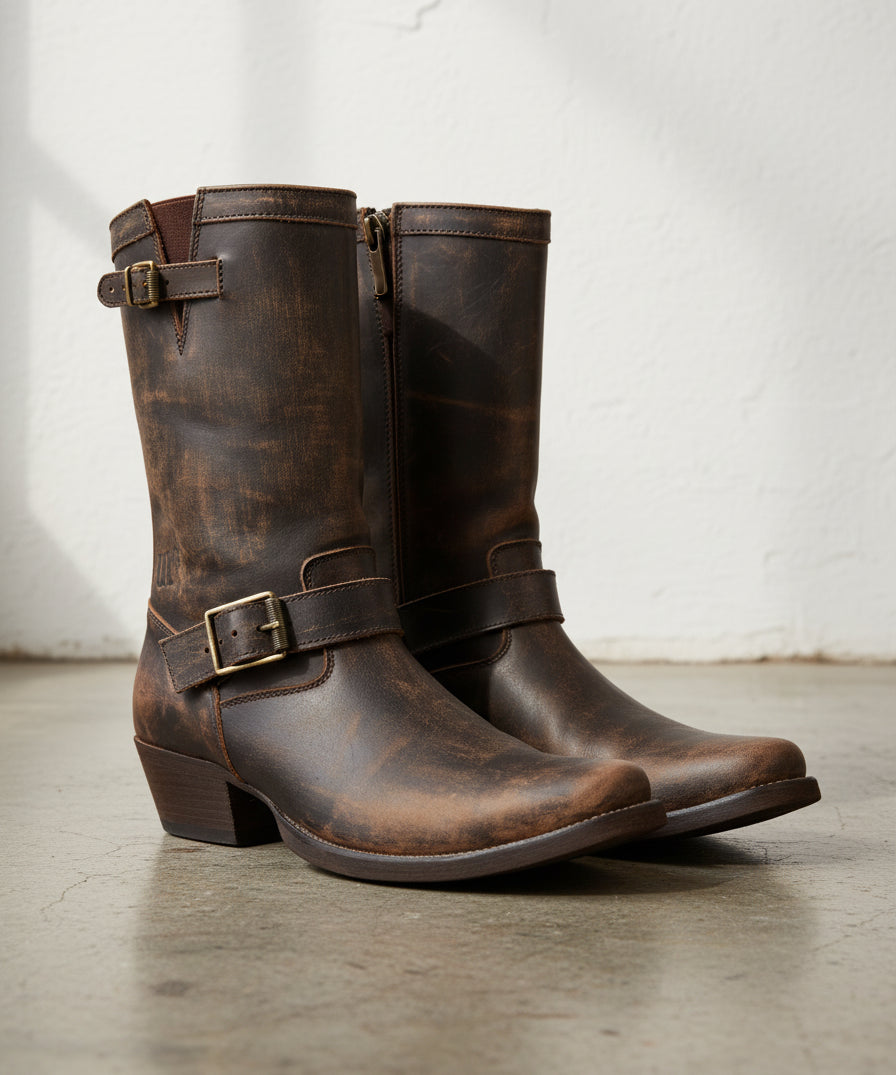 Genuine Calf Leather Men's Cowboy Tall Ankle Boots Dark Brown - angle-view-showing-depth