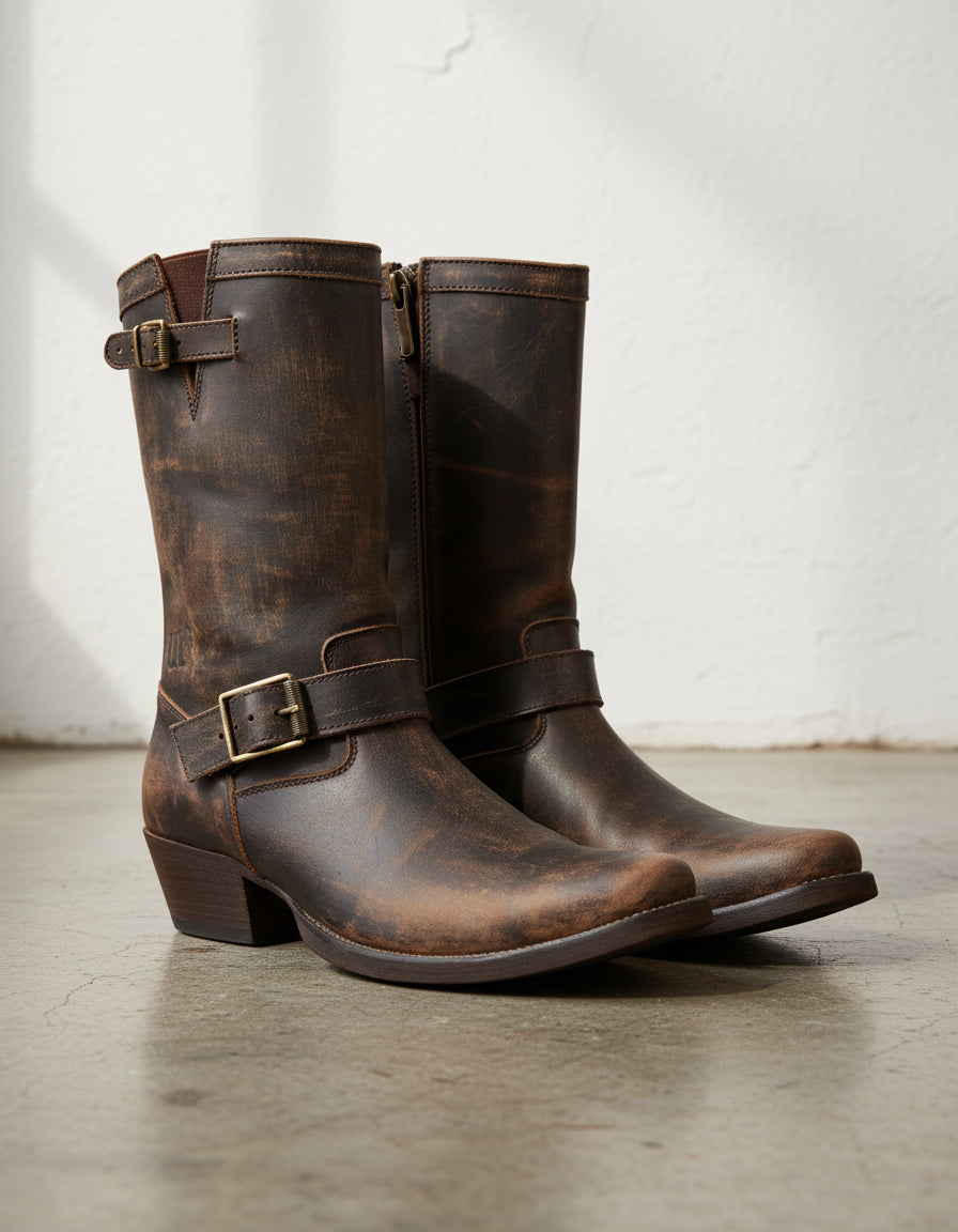 Genuine Calf Leather Men's Cowboy Tall Ankle Boots Dark Brown - angle-view-showing-depth