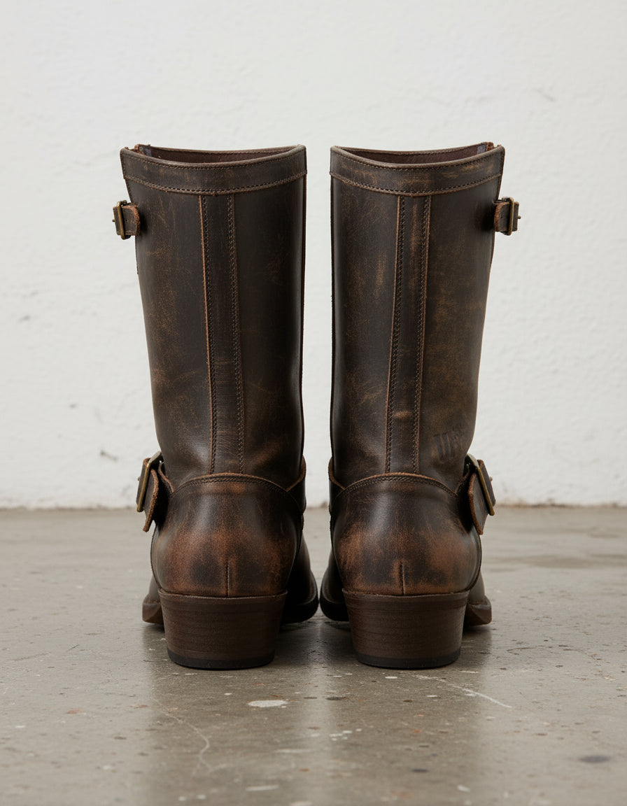 Genuine Calf Leather Men's Cowboy Tall Ankle Boots Dark Brown - back-view