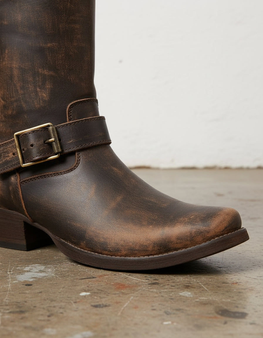 Genuine Calf Leather Men's Cowboy Tall Ankle Boots Dark Brown - detail-view-showing-texture
